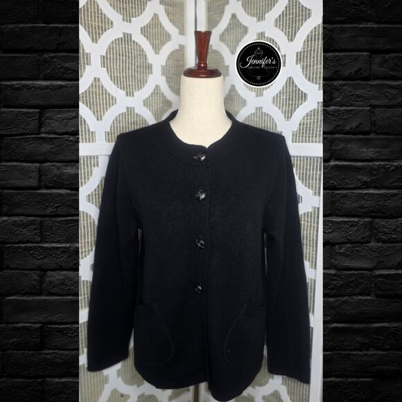 Kate Hill Petite Black Merino Wool Long Sleeve Cardigan Size PL - Picture 1 of 9